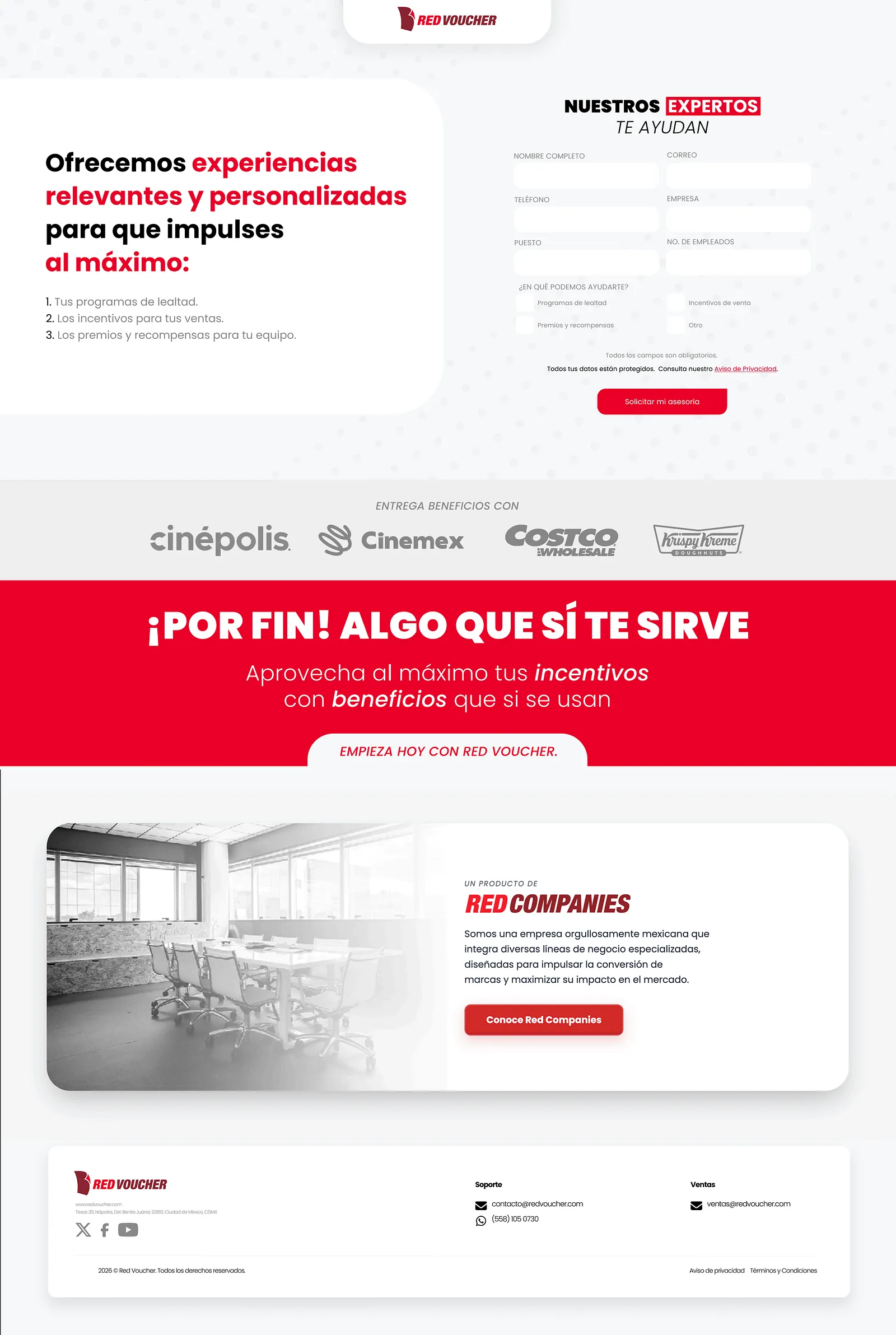 Propuesta seleccionada e implementada de Red Voucher Marketing v1 con propuesta de valor y formulario de contacto